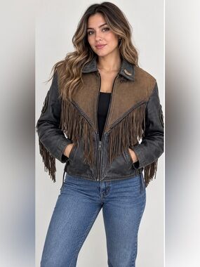 Vintage‎ Leather King Fringe Motorcycle Jacket Western Biker XXL y2k